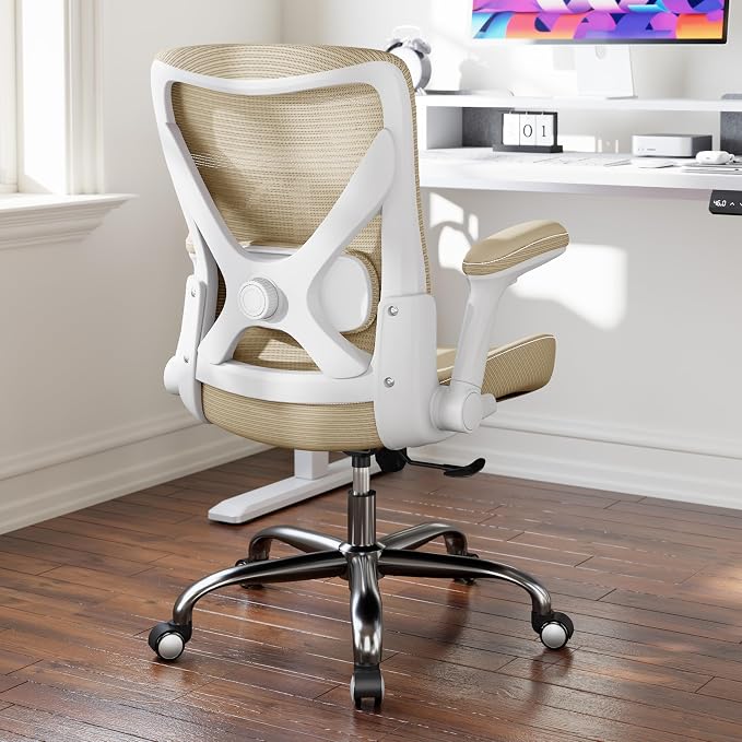 Ergalithic Office Home Ergonomic Desk Chair-Computer X-Shaped Chair Mesh PU Leather with Adjustable Lumbar Support-Executive Chair High Back Flip-Up Arms for Long Hours (Khaki-No Headrest)