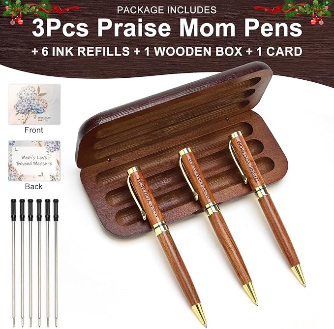 Renawe Cool Wooden Pens with Pen Box Gift for Mom Mother In Law Christmas Gifts for Mother's Day Gift Birthday Ideas Cute Engraved Pens Unique Presents for New Mom from Daughter Son