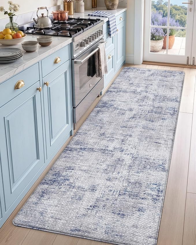 DEXI Kitchen Mats Cushioned Anti Fatigue, 23x86 Floor Padded Runner Rug Non Slip, Waterproof Standing Comfort Memory Foam for Front Sink Laundry, Blue