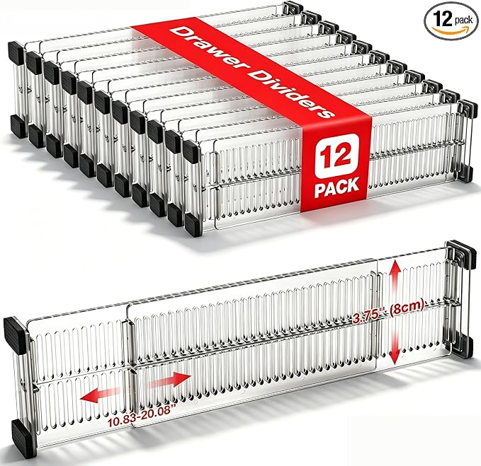 12 Pack Drawer Dividers 3.15" High, 10.83-20.08'' Adjustable Dresser Dividers Organizers,Plastic Expandable Drawer Separators For Clothes, Underwear Cosmetic