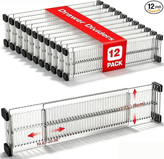 12 Pack Drawer Dividers 3.15" High, 10.83-20.08'' Adjustable Dresser Dividers Organizers,Plastic Expandable Drawer Separators For Clothes, Underwear Cosmetic