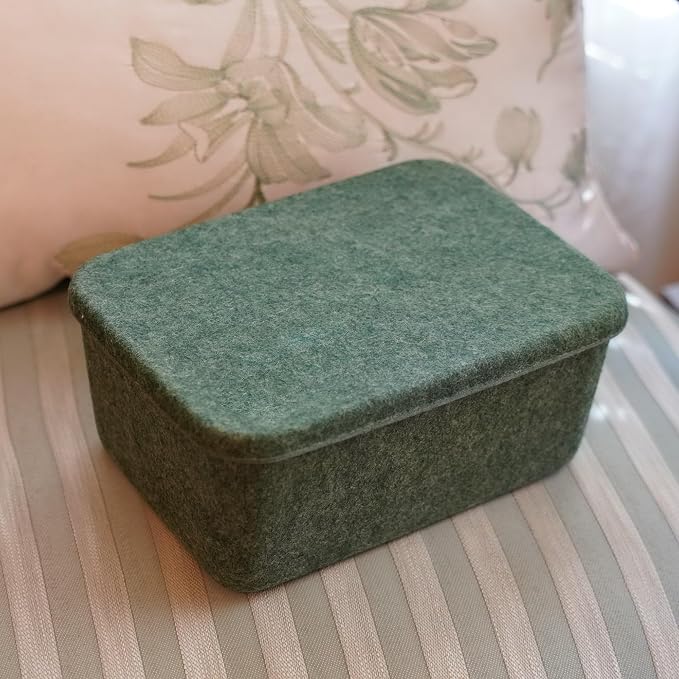 Felt deep Storage Bins lidded Drawer Organizer Caddy for junk stuff stationery makeup jewelry closet bathroom minimalist lifestyle (Forest Green Bin, S)