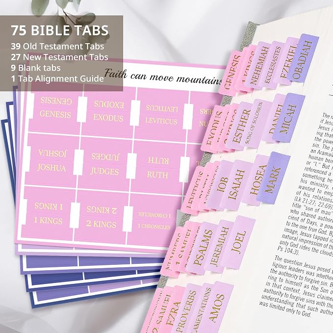 Bible Tabs for Women & Men, Bible Tabs for Study Bible, Large Print Neutral Bible Tabs for Easy Navigation, Bible Index Tabs, 66 Tabs Old & New Testament, Extra 9 Blank Tabs - Violet Ombre