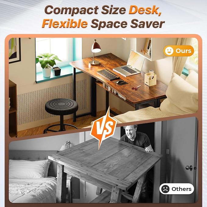 Huuger Folding Desk with Storage Shelf, 47.2 Inch Foldable Computer Table for Small Spaces, Space Saving Sofa Table for Couch, Writing Work Office Computer Desk, Easy to Fold, Rustic Brown