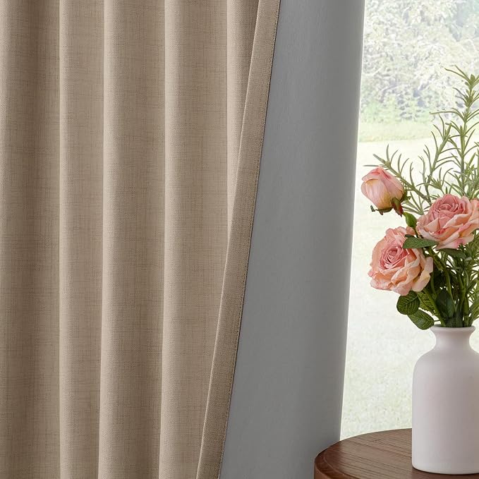 INOVADAY 100% Blackout Curtains for Bedroom, Black Out Curtains 90 Inch Long, Clip Rings Linen Blackout Drapes, Thermal Insulated Room Darkening for Living Room, 2 Panels - Taupe,W50xL90