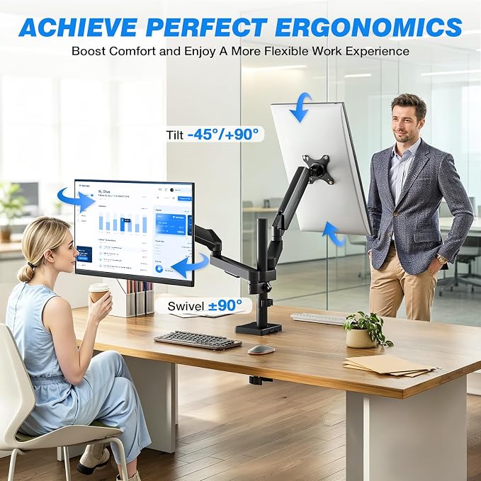 Rfiver Dual Monitor Stand Desk Mount for 17-34" Screens Holds up to 22lbs | Full Motion Height Adjustable, Tilt/Swivel, 360 Rotation VESA 75/100mm, Compatible C-clamp/Grommet Base Install