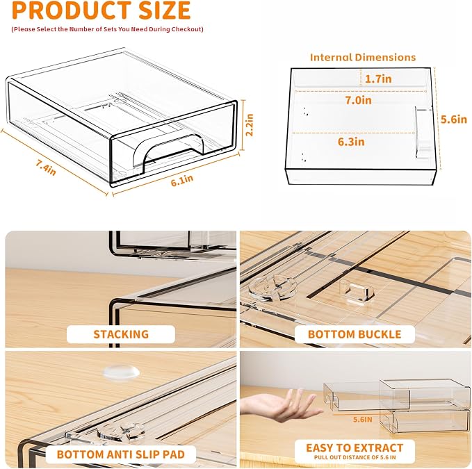 2.2'' High Small Clear Stackable Storage Drawers,4 Pack Desk Organization and Storage Bins,Plastic Office Supply Organizer,Acrylic Drawer Storage Organizer for Makeup,Accessory,Pen,Art Crafts