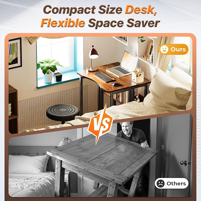 Huuger Folding Desk with Storage Shelf, 23.6 Inch Foldable Computer Table for Small Spaces, Space Saving Sofa Table for Couch, Writing Work Office Computer Desk, Easy to Fold, Rustic Brown
