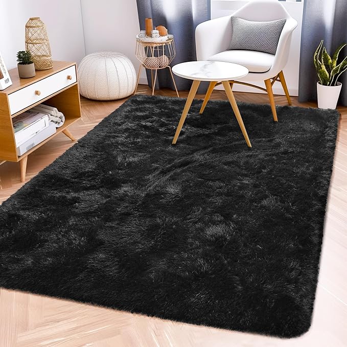 Awaytail Fluffy Rug Flame Resistant 5x7 Feet, Black Throw Rugs for Living Room, Ultra Soft Shag Fuzzy Plush Carpets Indoor