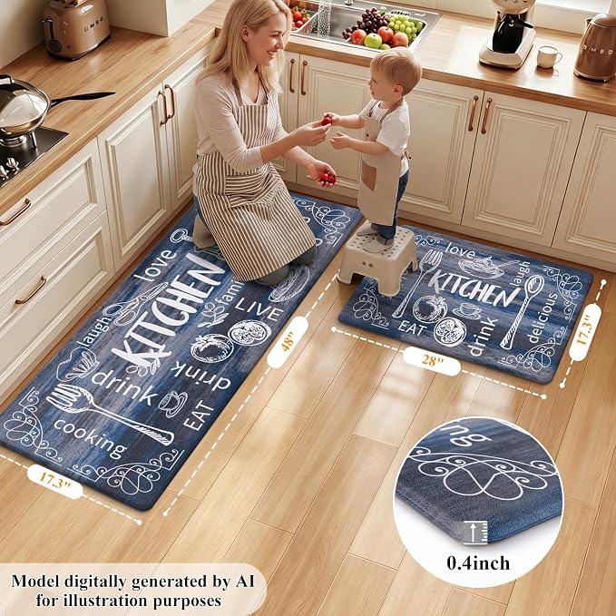 HEBE Anti Fatigue Kitchen Rugs Set of 2, Non Slip Cushioned Kitchen Mats for Floor, Waterproof Farmhouse Comfort Standing Desk Mat for Kitchen Sink,Office,Laundry