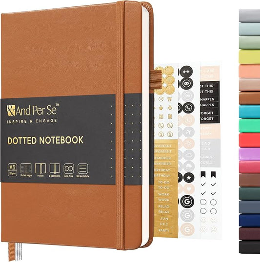 &And Per Se Dotted Journal Notebook, A5 Hardcover Leather Dotted Journal, 160 Pages 100gsm Thick Dot Grid Paper, 3 Sheets of Stickers Included - 5.7'' x 8'' (Light Brown)