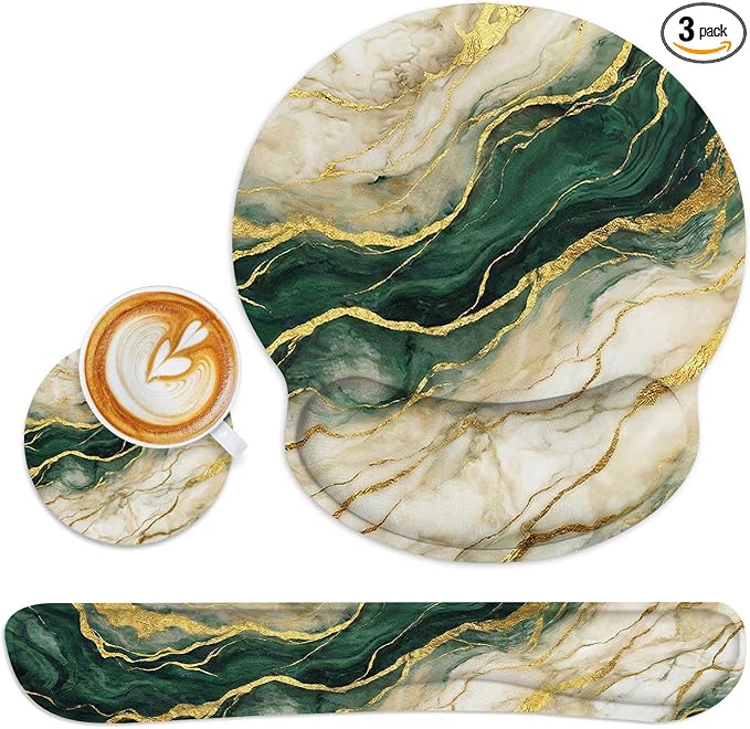 Britimes Marble Abstract Gold Green Modern Ergonomic Mouse Pad Set with Wrist Rest Non-Slip Rubber Base Wrist Cushion Support and Coasters Mousepad with Wrist Support for Computer Keyboard and Desk