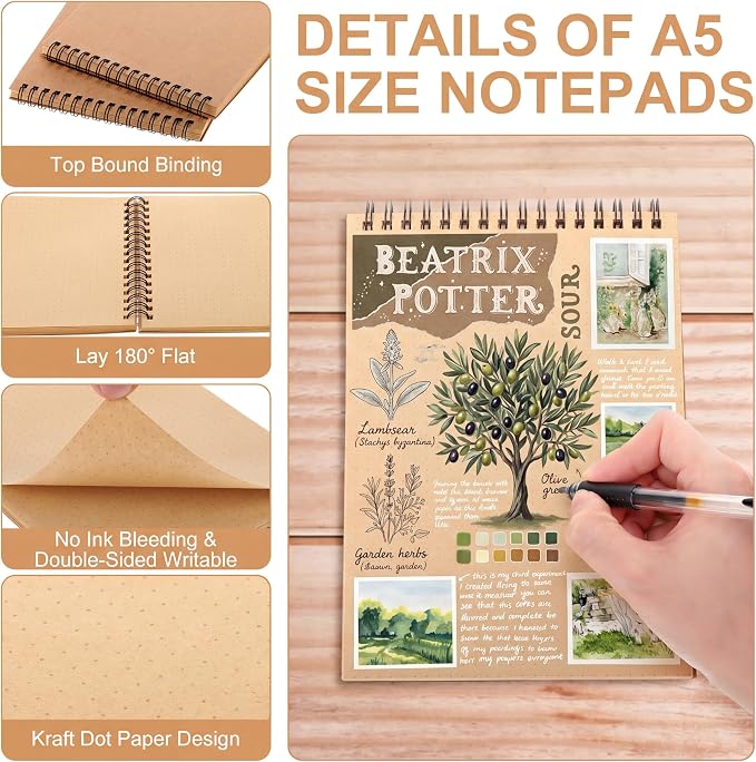 Engrowtic 2 Pcs Dot Grid Notebook Top Spiral Notebook A5 Size Bullet Dotted Paper Hardcover Dot Journal 8.3''x 5.8'' 140 Pages Spiral Notepads for Drawing Writing School Office (Kraft Page)