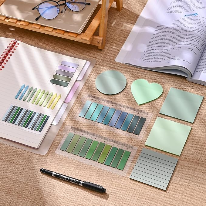 1450 Sheets Transparent Sticky Notes, 3 x 3 inch Aesthetic Clear Lined Sticky Notes with Pen, Gradient Color Waterproof Self-Adhesive Annotation Tabs for Bible Journaling (Green Series)