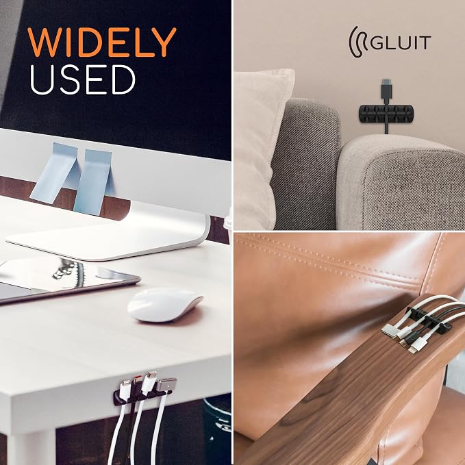 Cord Organizer for Desk, Nightstand Cable Holder, 5 Pack, Multislot, Black | GLUIT Adhesive Charger Organizer, Cable Management for Desk Car Office Home College Dorm Room Cable Clips for Cords