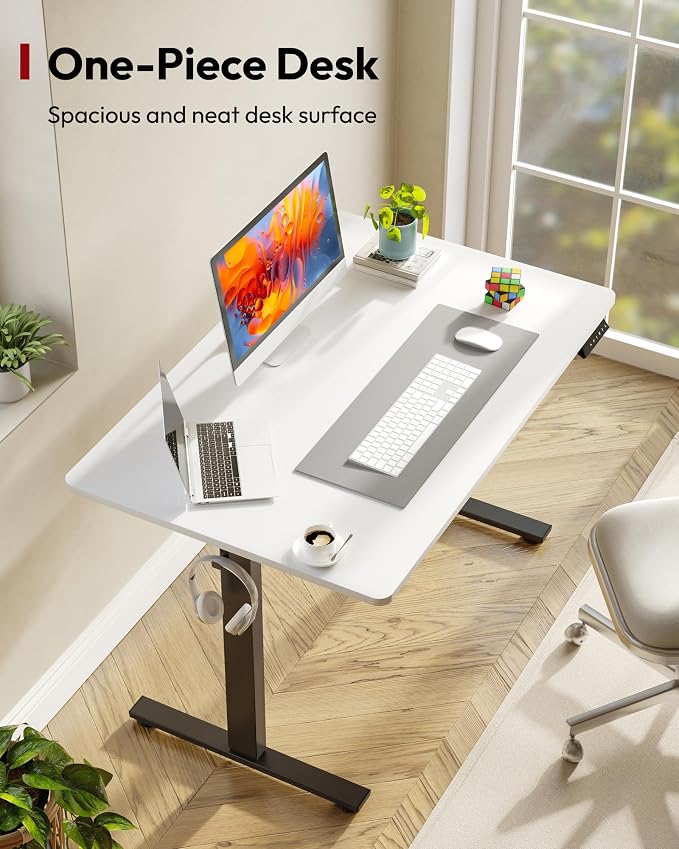 SANODESK One-Piece Electric Standing Desk, Seamless 48 x 30'' Ergonomic Height Adjustable Sit Stand Desk with Memory Presets for Home Office Computer Workstation, Black Frame/White Top