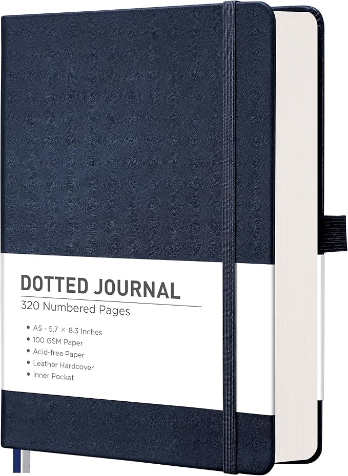 RETTACY Dotted Journal Notebook, 320 Numbered Pages, A5 Medium Size (5.7'' × 8.3''), Leather Hardcover, 100 GSM Thick Paper, for Journaling, Planning, Tracking (Navy Blue)