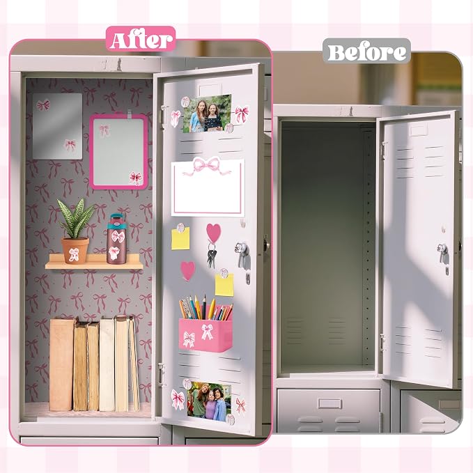 BeYumi Pink Locker Accessories Kit - Back to School Pink Bow Locker Organizer Decoration Supplies for Girls Magnetic Wallpaper Pen Holder Whiteboard Marker Mirror Magnets Rug Classroom Accessories Kit