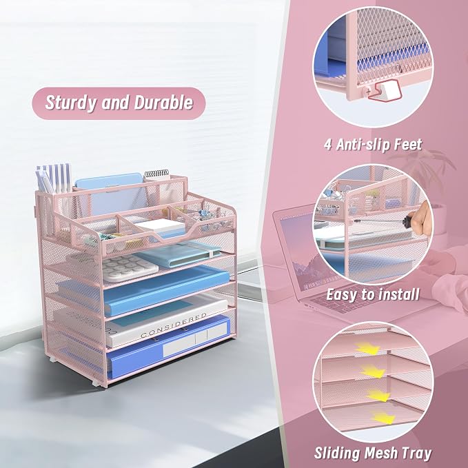 5 Tier Mesh Paper Desk Organizer with Pen Holders, Pink | Features 3 pen holders, and 5 adjustable compartments for office school home desk storage