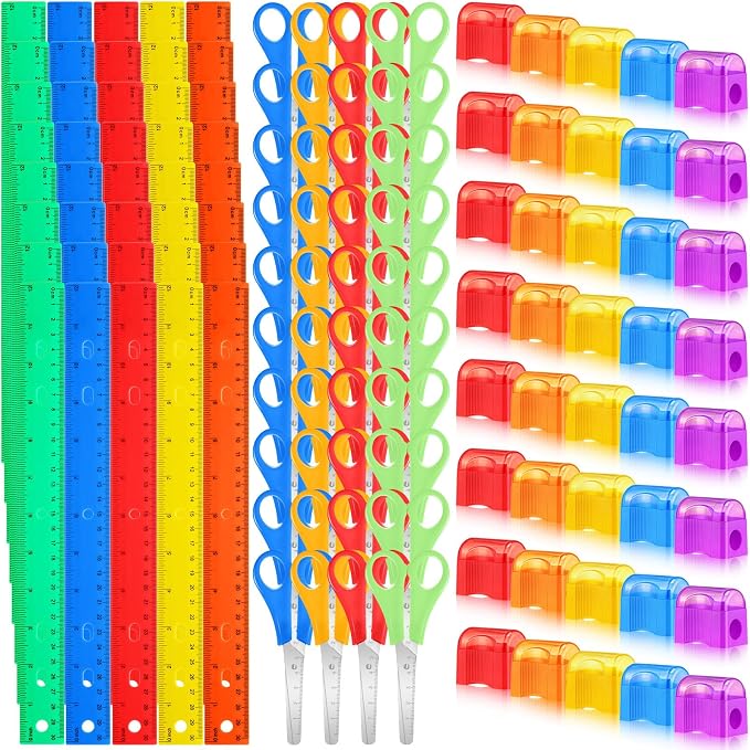 AmazingSpark 120 Pcs Back to School Supplies Kit Include 40 Clear Plastic Ruler 12 Inch 40 Safety Blunt Tip Student Scissors 40 Miniature Pencil Sharpeners with Cover for Classroom School Office