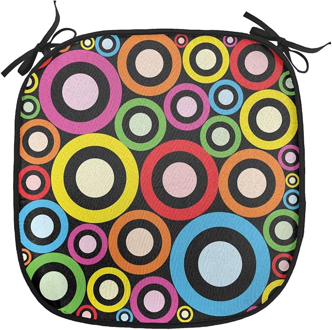 Lunarable Groovy Chair Cushion Pads Set of 4, and Funky Retro Ring Shaped Modern Art Geometric Revival Art, Anti-Slip Seat Padding for Kitchen & Patio, 16"x16", Black Multicolor