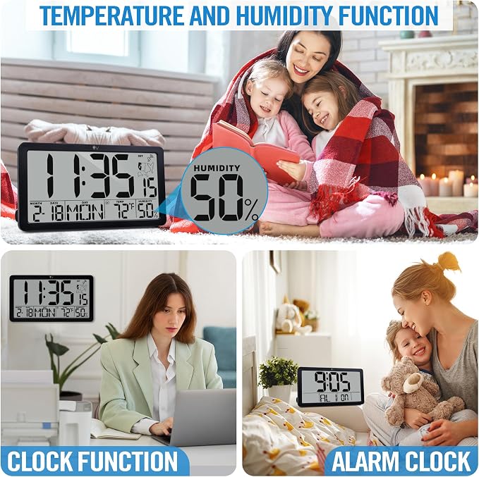 TXL Atomic Digital Wall Clock, Battery Operated with Temperature & Humidity, Auto DST, Date & Weekday, Easy Set Alarm, for Living Room, Bedroom, Office & Classroom (Black)