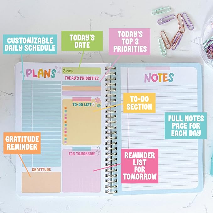Hadley Designs Undated Daily Planner with Hourly Schedule - Daily Planner Undated with Notes Section for Academic Year, To Do List Notebook for Work, ADHD Day Planners, Teacher Supplies & Must Haves