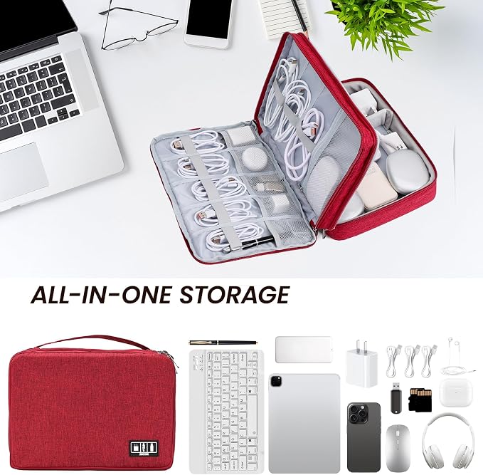 Large Electronic Organizer Travel Case, Double Layer Tech Accessories Bag with 3 DIY Adjustable Dividers, Waterproof Padded Cable Storage Pouch for Camera Gear, Power Bank, Hard Drive, Mouse