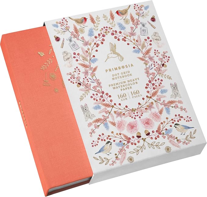 Primrosia A5 Dot Grid Watercolor Journal Notebook – 160 pages I 160gsm Premium Heavy Paper, No Bleed – Luxe Linen Hard Cover (Peach Hummingbird)