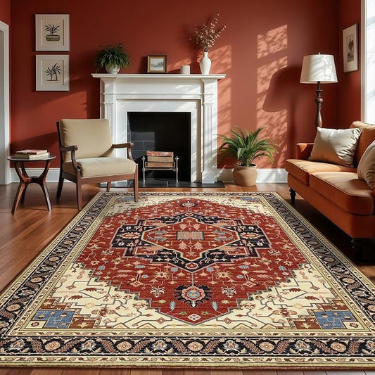 Macgace 6x9 Orange Red Area Rug for Living Room, Machine Washable Rugs with Non-Slip Backing for Bedroom, Vintage Medallion Carpet Dining Room Office Kids Room Decor