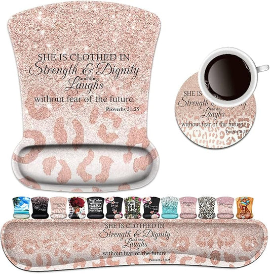 Keyboard Wrist Rest Pad and Ergonomic Mouse Pad Wrist Support Set Proverbs 31:25 Bible Verse Leopard Star Pattern for Gaming, Office, Comfortable and Pain Relief with Coaster Set