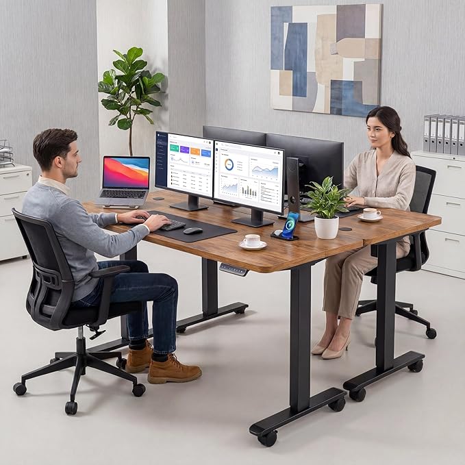 farexon Electric Standing Desk Adjustable Height, 71 x 28 Inch Sit Stand up Desk with Large Mouse Pad, Double Metal Hook,4 Wheels,4 Memory Preset Heights Home Office Computer Desk（Brown）