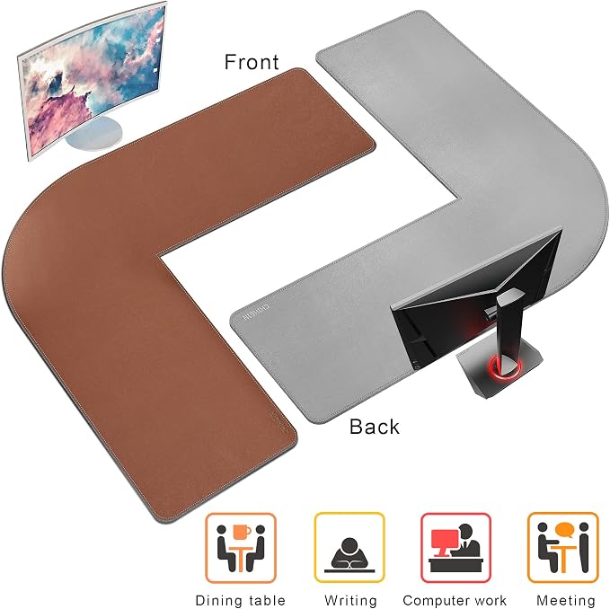 Chihein L-Shaped Desk Pad, Corner Desk Mat (49.2”+ 49.2”) x 15.7”, Computer Office Mouse pad Writing Table Pad for Home Office - Brown/Gray
