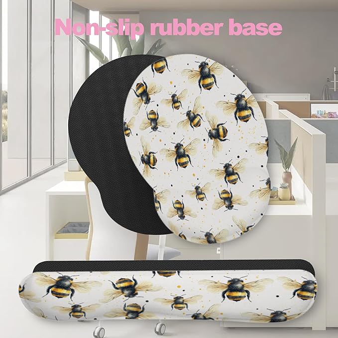 Cute Bee Mouse Pad with Wrist Rest Set, 3-in-1 Wrist Support Mousepad Set, Gaming Mat Pad with Anti-Skid Base,Ergonomic Memory Foam Mouse Pad Set for Women, Office, Typing, Gaming