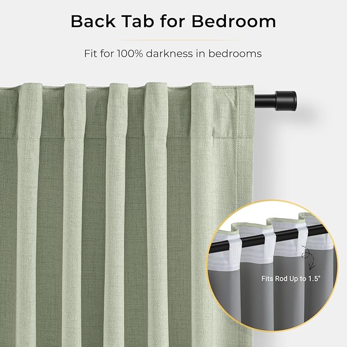 INOVADAY 100% Blackout Curtains for Bedroom, Sage Black Out Curtains 102 Inch Long, Clip Rings Linen Blackout Drapes, Thermal Insulated Room Darkening for Living Room, 2 Panels - W50xL102