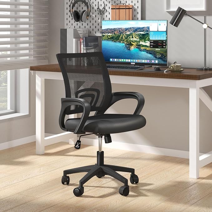 OS MOTOR Home Office Chair, Ergonomic Mid-Back Mesh Desk Chair with Lumbar Support, Adjustable Swivel Rolling Design, Comfy Armrest for Work, Study, Gaming, Vanity, Black | Lumbar Support, Adjustable Height, Swivel Rolling Design, Comfy Armrest, Home, ...