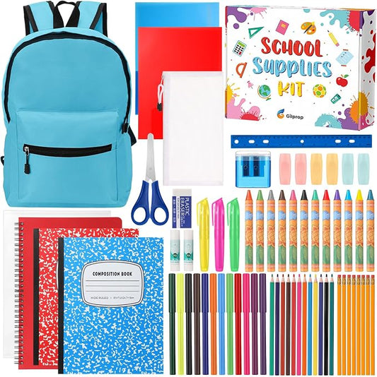 Gilprop 79 Pcs Back to School Supplies Box for Kids K-5 Students Elementary Middle School Supplies Kit Bundle Bulk Essential Pen Notebook Stationery for Primary Student Classroom(Blue)