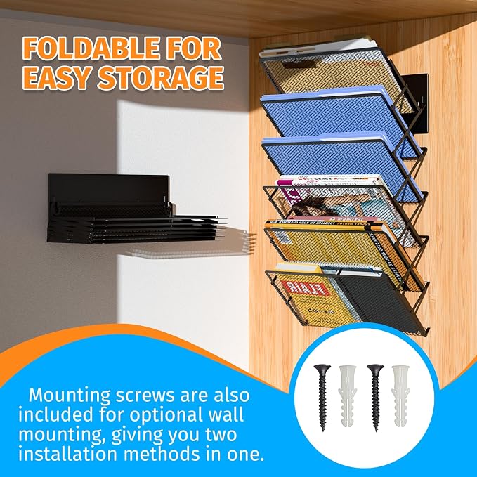Magnetic File Holder, 6-Tier Foldable No Drilling Magnetic File Folder Holder, Space-Saving Black Magnetic Hanging File Organizer for Whiteboard, File Cabinets, Refrigerator, Office, Kitchen