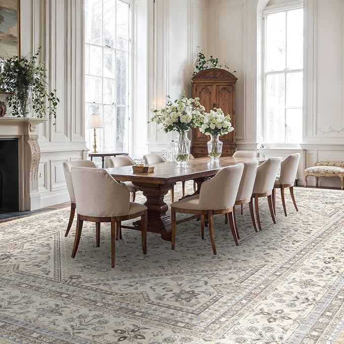 12X15 Area Rug for Living Room: Large Washable Oriental Rugs for Bedroom Non Slip Backing Stain Resistant Indoor Soft Floor Carpet for Dining Table Nursey Dorm Kitchen Low Pile Beige/Gray