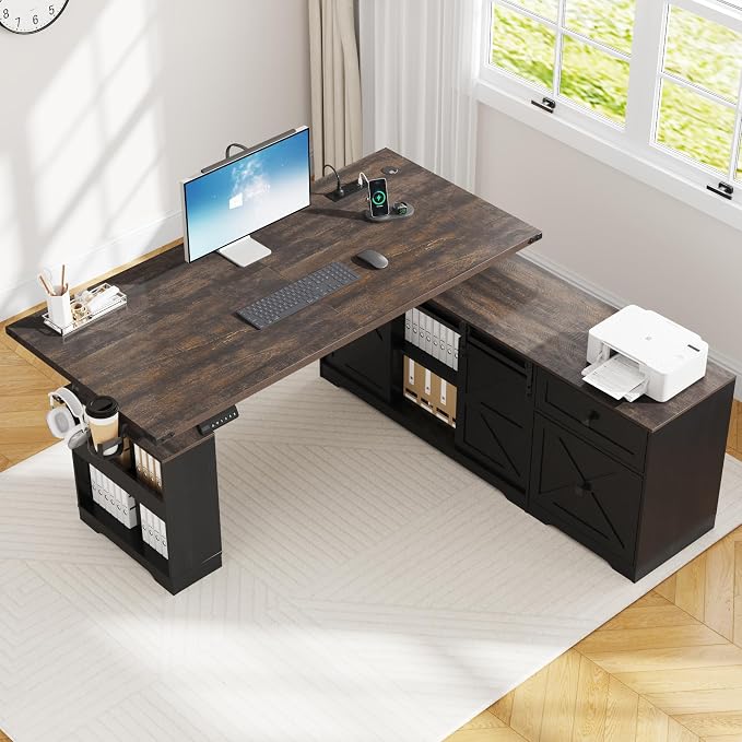 St.Mandyu L Shaped Electric Standing Desk 63" Black with Power & Storage | File drawer, sliding door cabinet, cup holder, height adjustable, sturdy wood frame, home office for work/study/writing