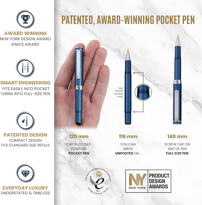 Scriveiner Personalized Blue Rollerball EDC Pen, Stunning Pocket EDC with Chrome Finish, Fancy Engraved Roller Ball Pen Writing Gift Set for Men & Women, Custom Name Engraving
