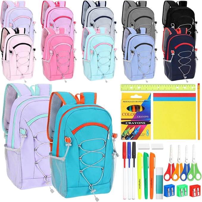 Maitys 12 Pack 17'' Bulk Backpacks with Supplies Kit, Bookbags for Donation Charities (Solid Color,Bungee)