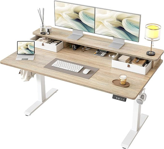 TIQLAB Standing Desk with Two Drawers, Stand Up Standing Desk Adjustable Height, Electric Sit Stand Table with Storage Shelf and Splice Board, 55 * 28 inch, Maple