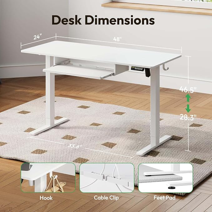 48 x 24 Inch Electric Standing Desk with Keyboard Tray, White | 3-Year Free Motor Replacement, 28.3-46.5 in Height, 3 Presets, 45 dB or Less, 154 lb Capacity, Keyboard Tray