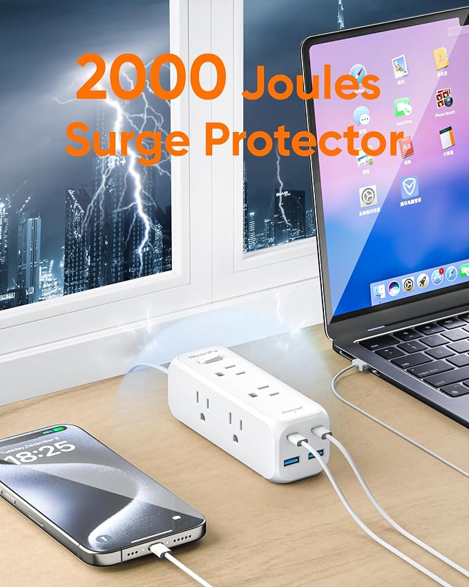 Olcorife Flat Plug Power Strip with 3 FT Extension Cord, 6 Outlets 4 USB Ports(2 USB C), 3 Sided Outlet Extender for Home Office Travel Dorm Room Essentials, White