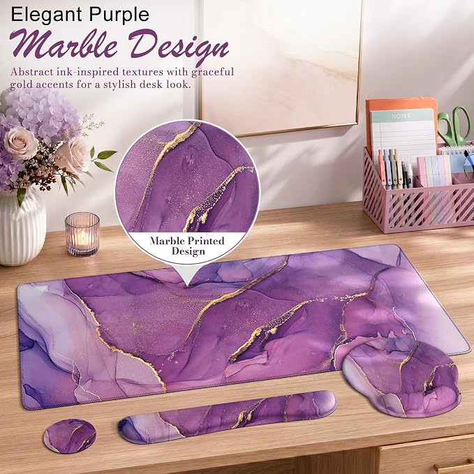 iCasso Purple Ergonomic Large Mouse Pad with Wrist Support, 4in1 XXL Desk Mat Set- Keyboard Wrist Rest + Mouse Wrist Rest + Coaster, Marble Style Desk Pad Mousepad
