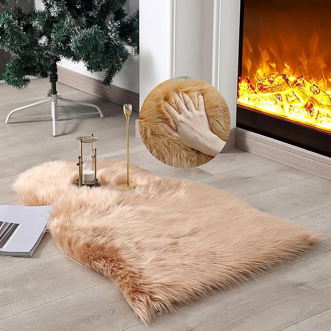 linmopm Faux Fur Sheepskin Rug, Beige, 2x3 ft | Shag Fluffy Fuzzy, High-Density Cushion, For Bedroom Bedside Living Room, Plush Carpet, Sofa Cover