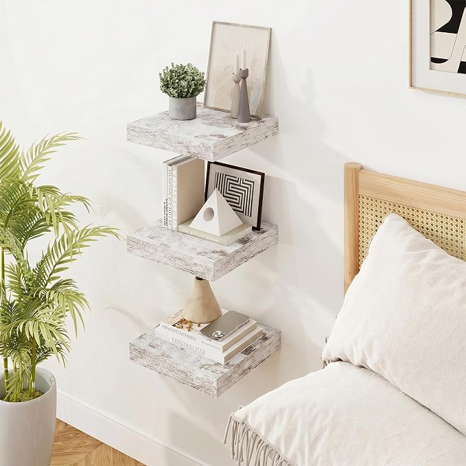 Square Floating Shelves for Wall, 12" W x 12" D x 1.5" H, 3 Pack Small Wall Mounted Engineered Wood Shelves with Invisible Brackets for Living Room, Bedroom, Bathroom, Kitchen Decor, Vintage White