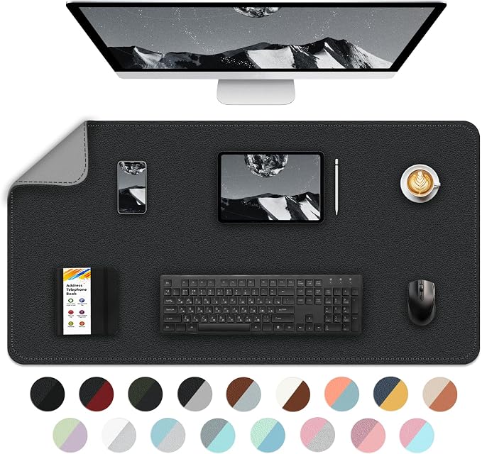 Bleswin Multifunctional Large Desk Mat, Double Sided Computer Desk pad, Extended Mouse Mat, Office Desk Protector with Waterproof PU Leather, 35.4''×16.9'', Office Home Writing Pad (Black+Grey)