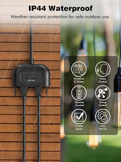 EIGHTREE Outdoor Smart Plug Waterproof IP44, Smart Outlet Plug with 2 Independently Controlled Outlets, Compatible with Alexa and Google Assistant, Voice & Remote Control, Timer&Schedule, 2.4GHz Only